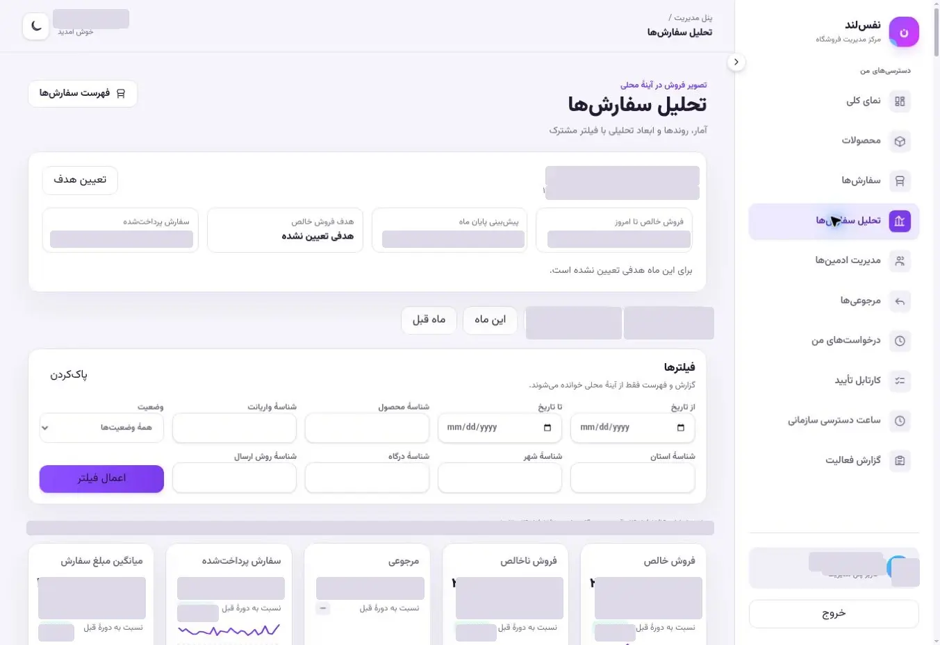 NafasLand order analytics with shared filters and sales indicators