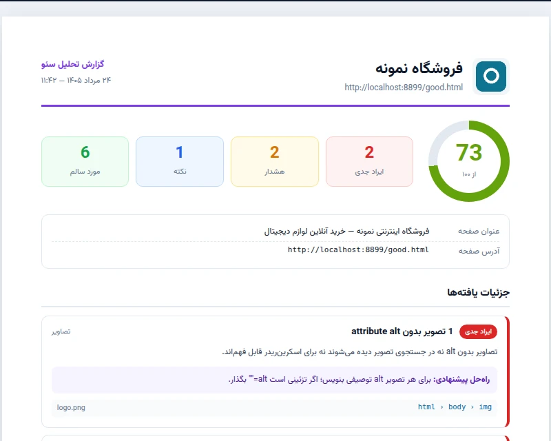 Persian SEO Lens PDF report with findings and a fix guide, for a different sample page